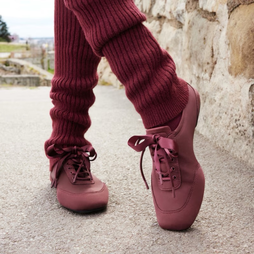 Women's Satin Ribbon Lace-Up Sneakers - Burgundy - Picture 2 of 13